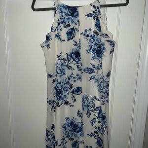 Iz Byer Blue and White Halter Sheath Dress